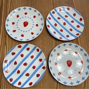 Set of 4 Bluebird & Willow Strawberries Appetizer Dessert Plates Porcelain 8"